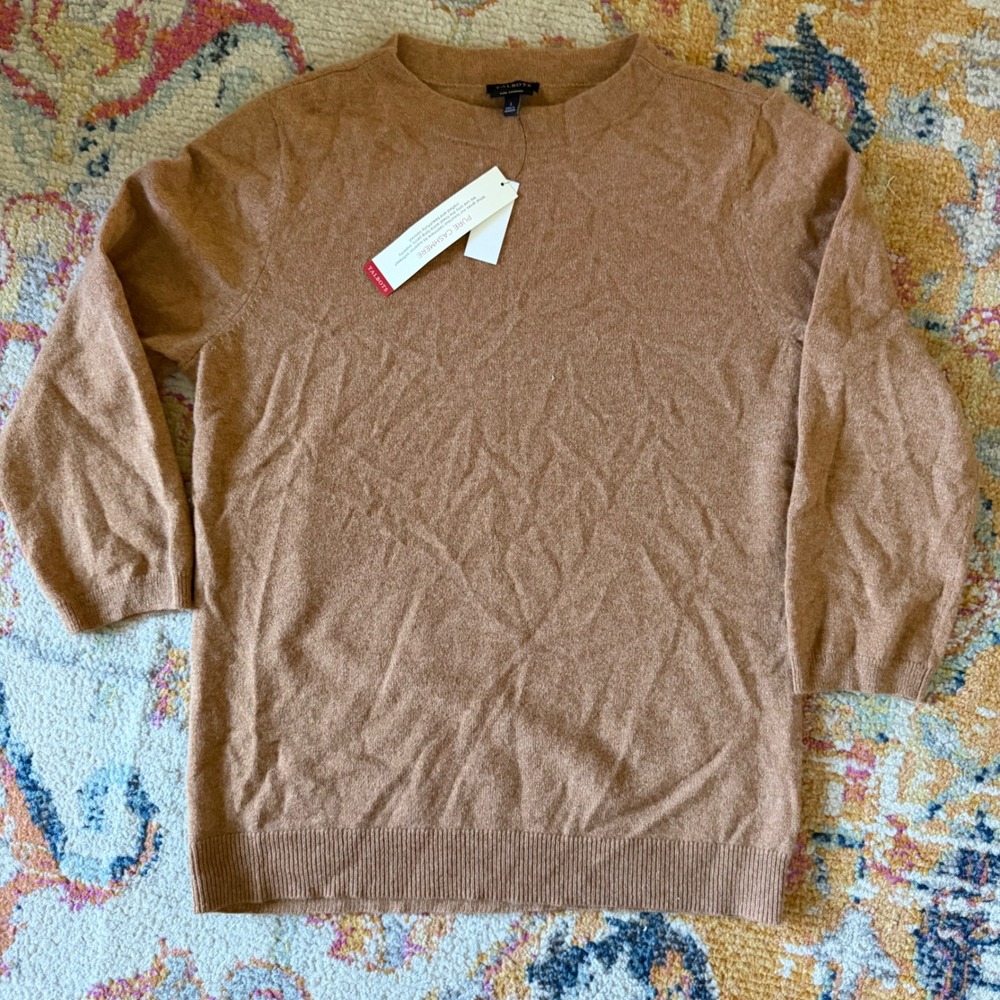 Talbots Pure Cashmere Sweater Camel Brown Crew Neck 3/4 Sleeve Large NWT